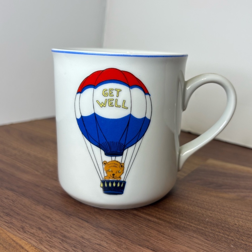 Vtg get well Hot Air Balloon w Furry Character Animal Coffee Tea Mug Cup